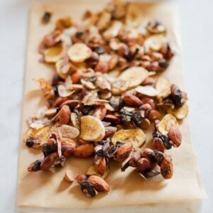 Chunky Monkey Trail Mix with roasted almonds and toasted coconut, dark chocolate, peanut butter and banana chips.