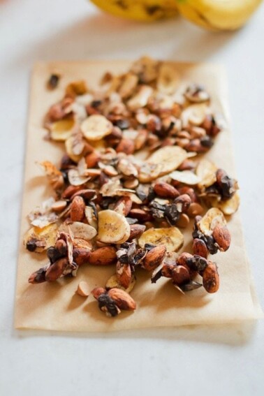 Chunky Monkey Trail Mix with roasted almonds and toasted coconut, dark chocolate, peanut butter and banana chips.