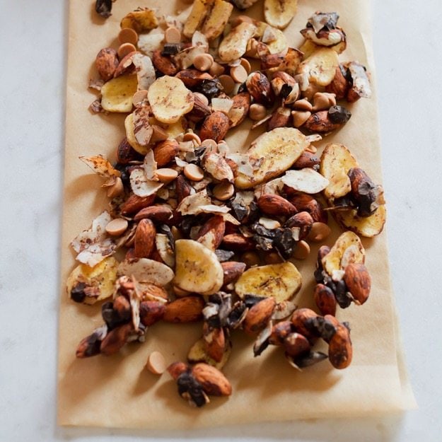 Chunky Monkey Trail Mix with roasted almonds and toasted coconut, dark chocolate, peanut butter and banana chips.