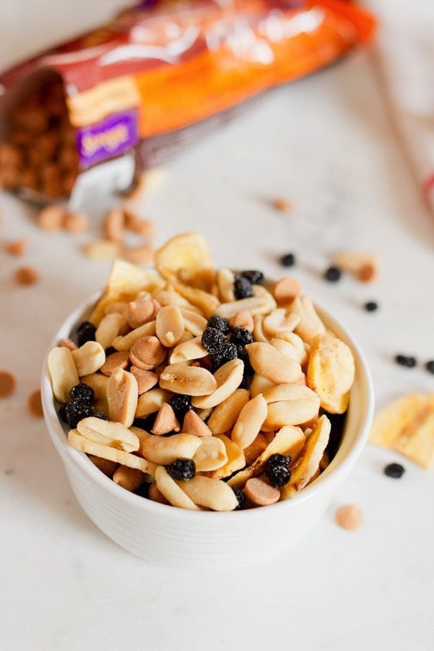 Sweet and salty trail mix with a blend of crunchy peanuts, dried blueberries, peanut butter chips and dried banana chips.