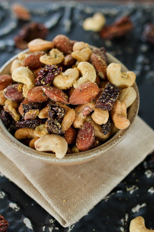 Pizza Trail Mix -- A savory, cheesy mix of roasted nuts with sun-dried tomatoes and Italian seasonings. 