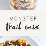 Mason jar and white bowl full of monster trail mix.