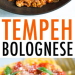 Photos of tempeh bolognese in a pot being stirred with a wooden spoon, and a plate of spaghetti topped with the tempeh bolognese sauce.