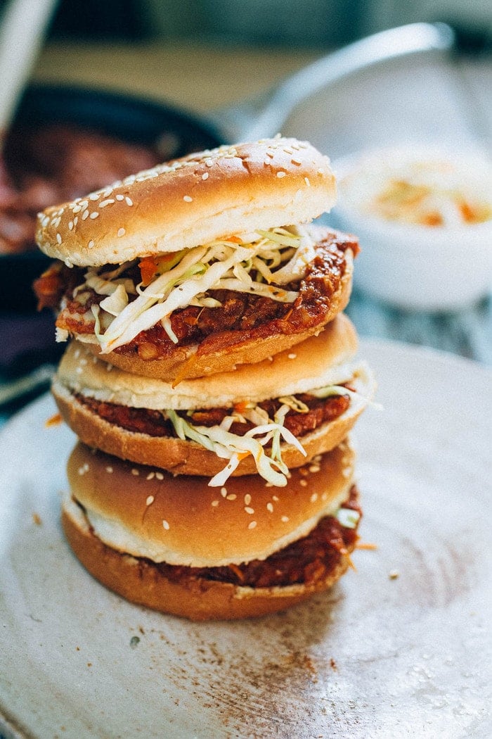 Vegan BBQ sandwiches made with shredded hearts of palm, homemade BBQ sauce and a crunchy apple cider vinegar coleslaw. 