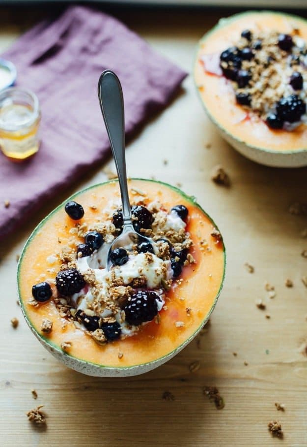 Cantaloupe Breakfast Bowls with Greek Yogurt, Berries, Granola and Honey