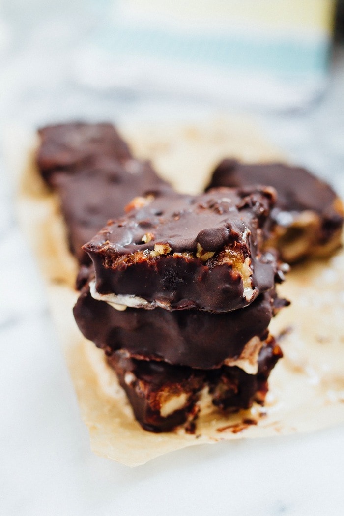 Close up of chocolate caramel banana ice cream bar. 