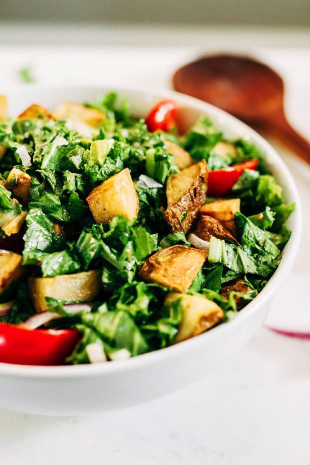 Mustard Greens Salad with Roasted Potatoes and Tomatoes