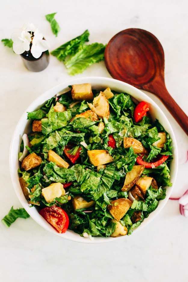 Mustard Greens Salad with Roasted Potatoes and Tomatoes