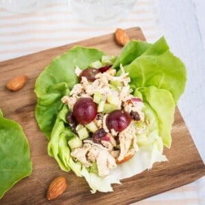 Almond butter chicken salad in lettuce cups.