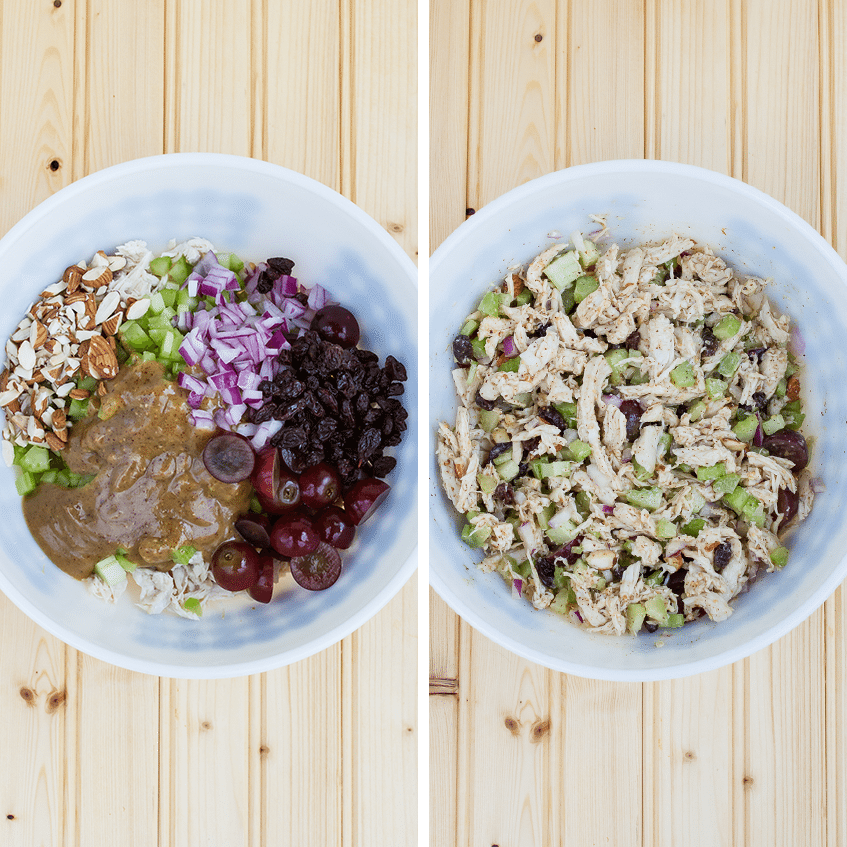 Ingredients for almond butter chicken salad in a bowl (almonds, red onion, celery, shredded chicken, almond butter, grapes and raisins). Bowl next to it is the ingredients mixed together.