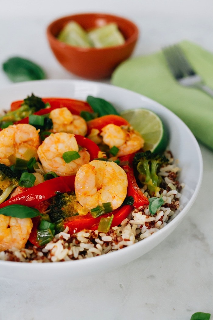 Coconut Curry Shrimp and vegetables served over brown rice.