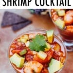 Mexican shrimp cocktail with tomatoes, cilantro and avocado served with black bean chips.