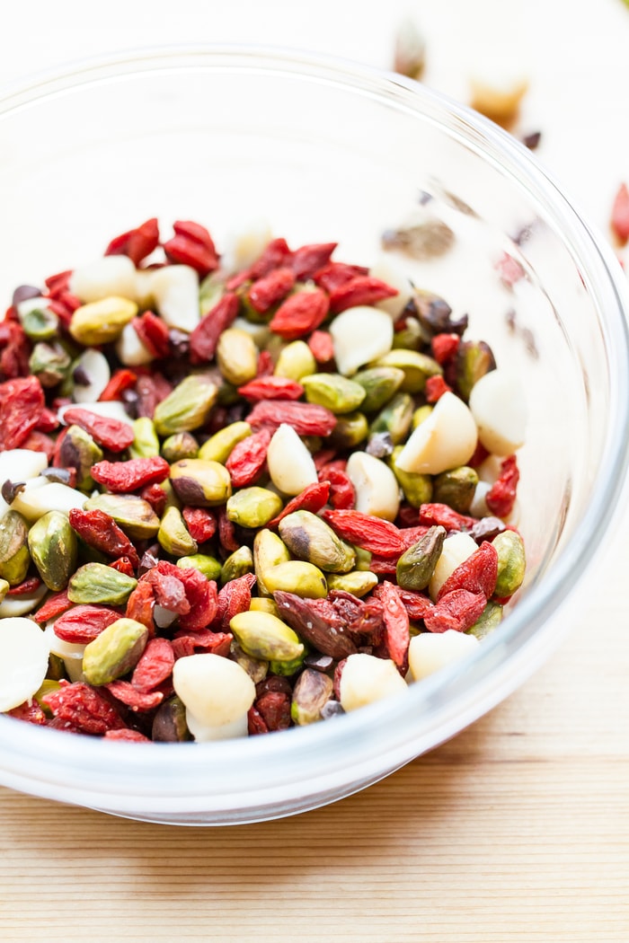 A bowl of pistachio trail mix.