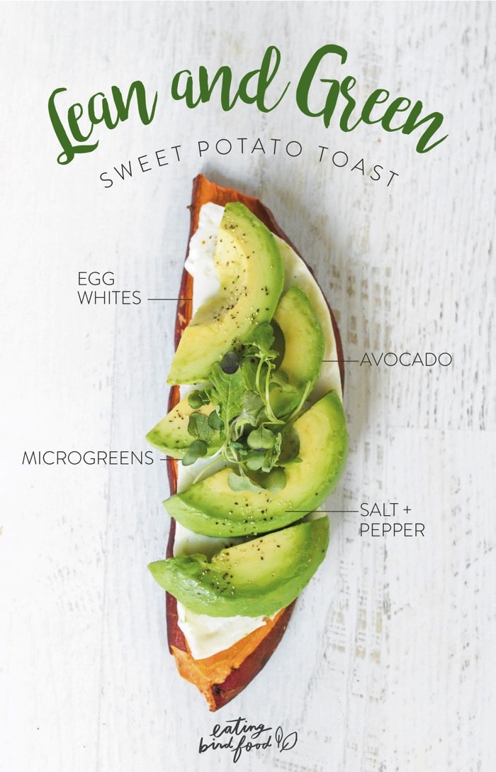 Overhead shot of Lean and Green Sweet Potato Toast with egg whites, avocado, microgreens, salt + pepper.