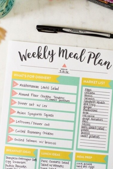 Weekly meal plan printable sheet with a sharpie marker.