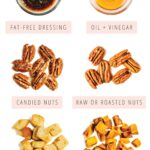 Side by side graphic comparing 7 unhealthy and healthy salad topping swaps.