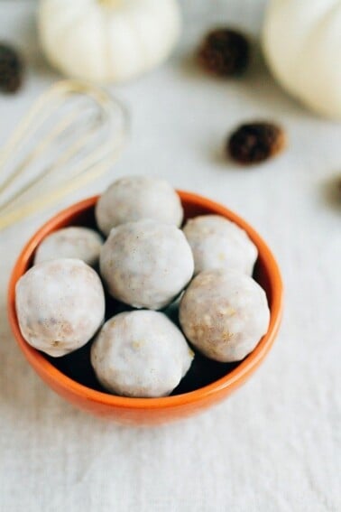 Bowl of pumpkin spice donut holes.