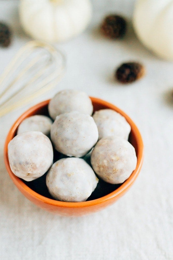 Bowl of pumpkin spice donut holes.