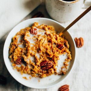 Overhead shot of Slow Cooker Pumpkin Pie Oatmeal in a white bowl with milk and pecans in the bowl.