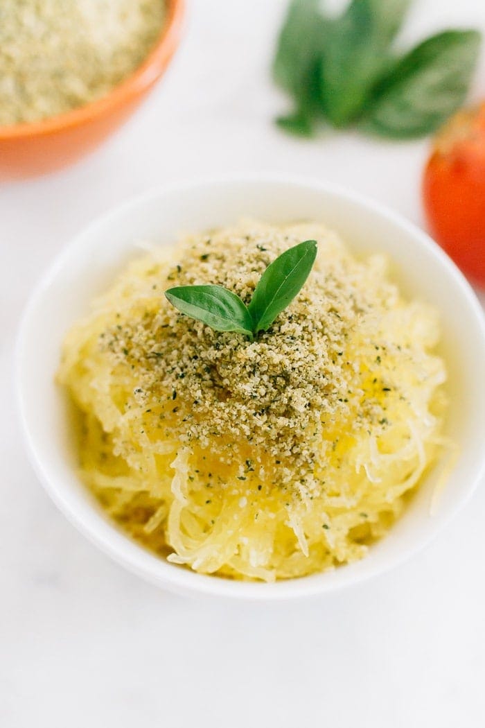 Shredded squash topped with vegan hemp parmesan and fresh basil.