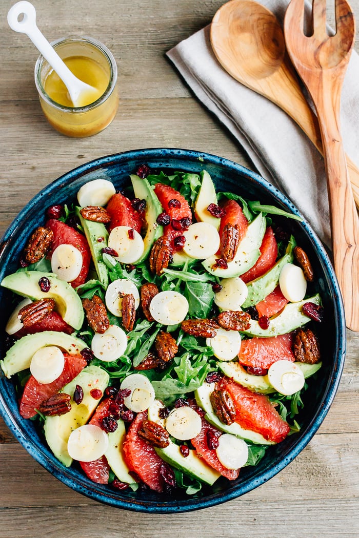 Grapefruit Avocado Salad with hearts of palm, candied pecans and a maple apple cider vinegar dressing. Grapefruit Avocado Salad with hearts of palm, candied pecans and a maple apple cider vinegar dressing.