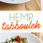 Two photos of hemp heart tabbouleh in a shallow bowl. A hand is dipping a pita triangle into the tabbouleh.