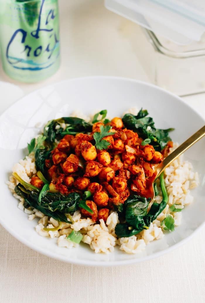 These vegan curried chickpea bowls make meal prepping for the week a breeze. The chickpeas are paired with garlicky spinach and brown rice for an easy meal that’s absolutely delicious and filling. 