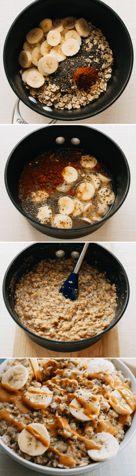 Four images in a collage. The first are the dry ingredients of oatmeal, next adds liquid. third is the cooked oatmeal in a saucepan, fourth is the final product. 