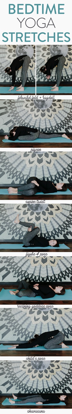 Seven bedtime yoga stretches to help you relax your body before bed. These restorative poses will calm your mind, relieve tension and have you ready to crawl into bed for a full night's rest. 
