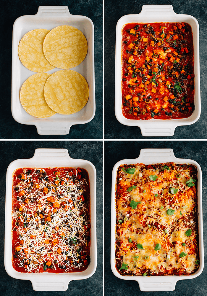 A series of the steps to make an enchilada bake.