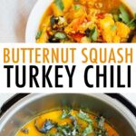 Photos of butternut kale turkey chili in two bowls, and the chili in an instant pot with fresh kale on top.