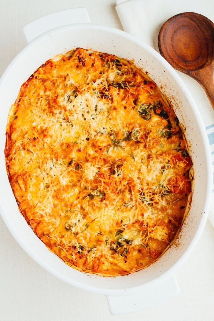 Low Carb Turkey Cauliflower Baked Ziti in a baking dish with melted cheese on top.