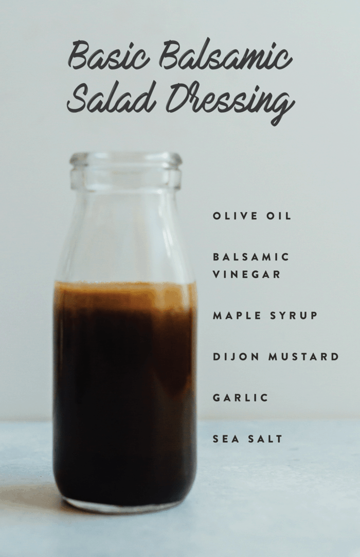 Healthy homemade Basic Balsamic Salad Dressing in a glass jar with ingredients listed down the side of the image. 