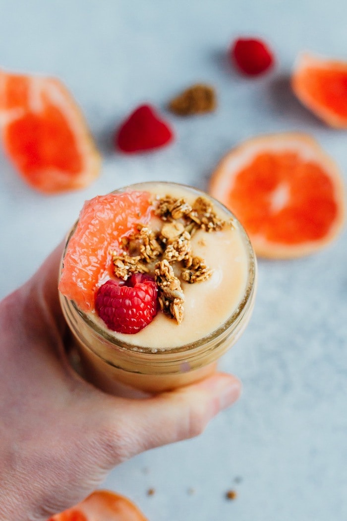 This grapefruit detox smoothie is loaded with nutrients to help diminish bloating, boost your metabolism and get you feeling your best! The perfect way to reset after indulging in too many cocktails, traveling and/or celebrating. 