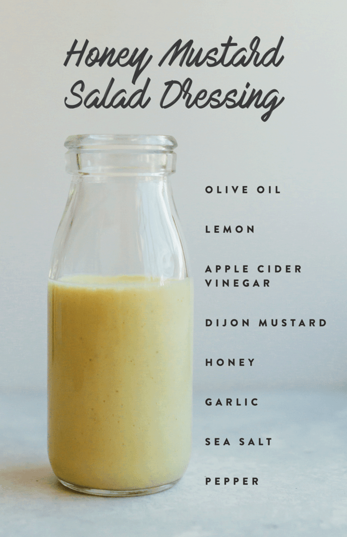 Healthy homemade Honey Mustard Salad Dressing in a glass jar with ingredients listed down the side of the image.