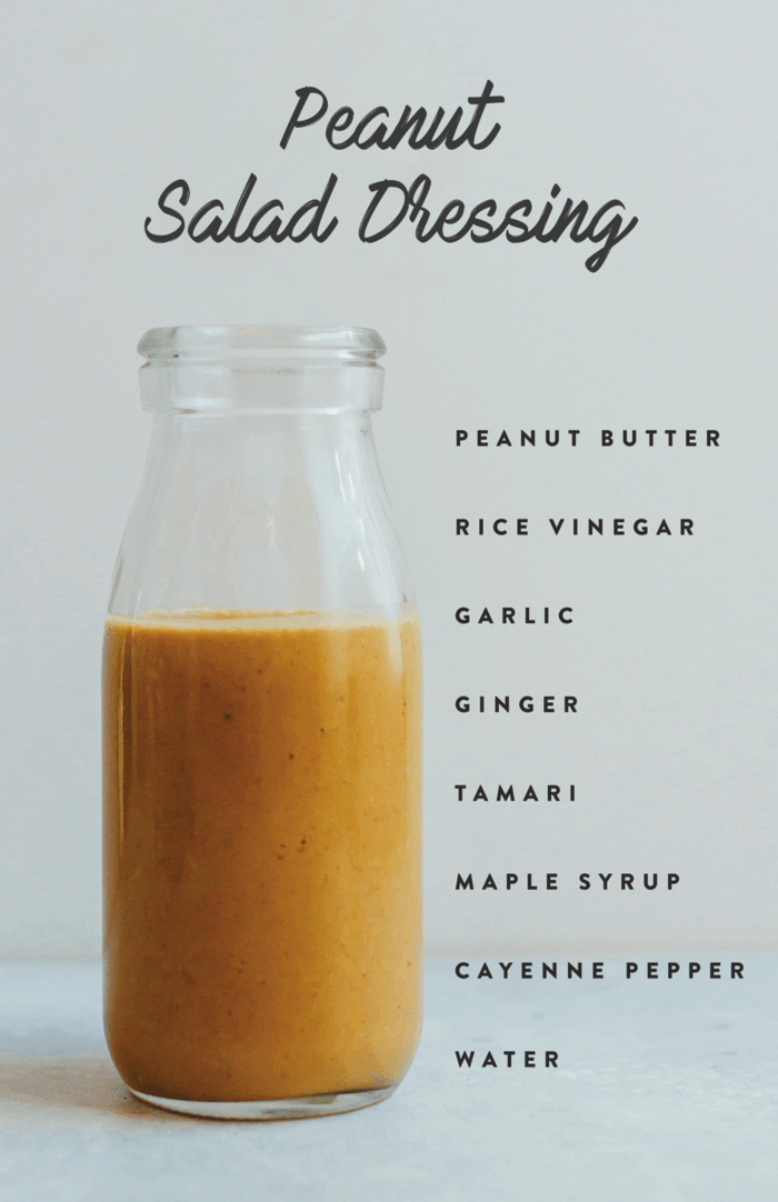 Healthy homemade Peanut Salad Dressing in a glass jar with ingredients listed down the side of the image.