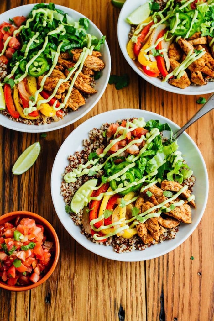 Two grilled chicken fajita quinoa bowls.