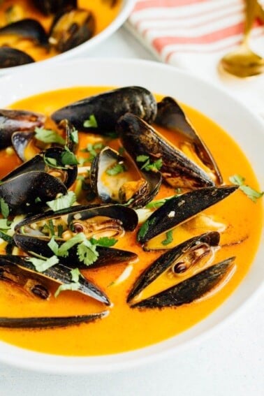 Coconut curry mussels with zucchini noodles.