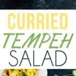 Collage of photos of curried tempeh salad in a serving bowl and on bread.