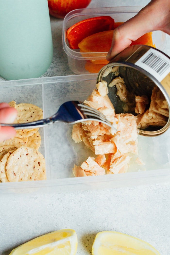 No time to pack lunch? Try this simple lemony tuna salad recipe you can make at your desk. Just add lemon juice, salt and pepper! Eat plain or serve with crackers and veggies. 