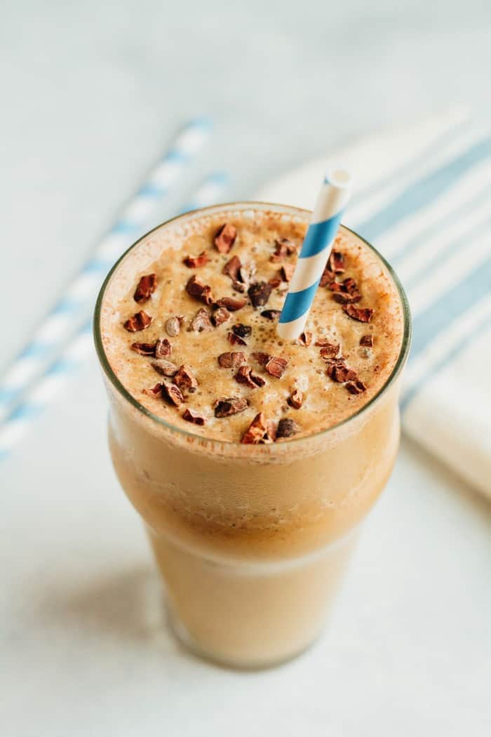 A chocolate cauliflower smoothie made malty with maca powder! The frozen cauliflower makes the smoothie thick and creamy without any added sugar or fruit. 