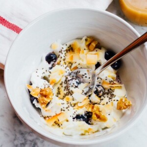Yogurt Breakfast Bowl with Toasted Coconut, Walnuts, Blueberries and Chia with silver spoon in the bowl.