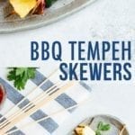 Bbq tempeh skewers with pineapple, onion, and zucchini.