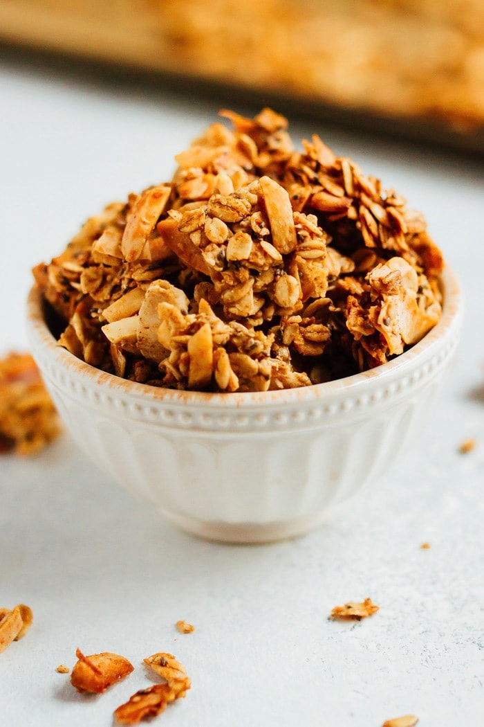 Small white bowl of granola.