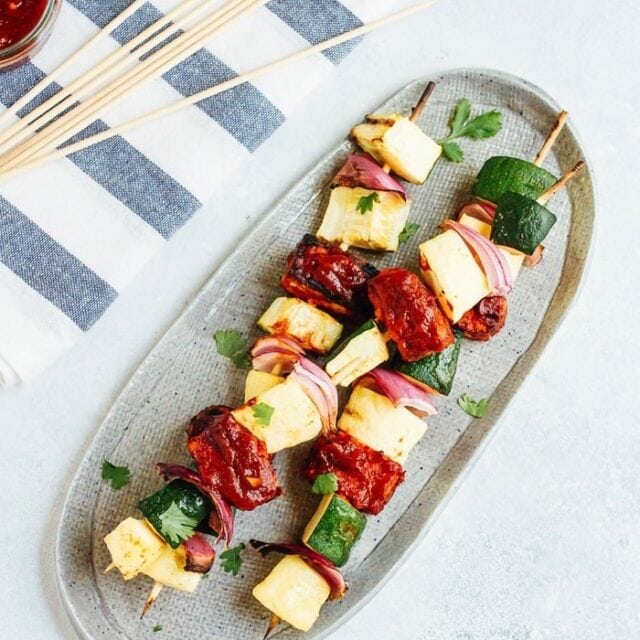 Grilled BBQ Tempeh Skewers Eating Bird Food
