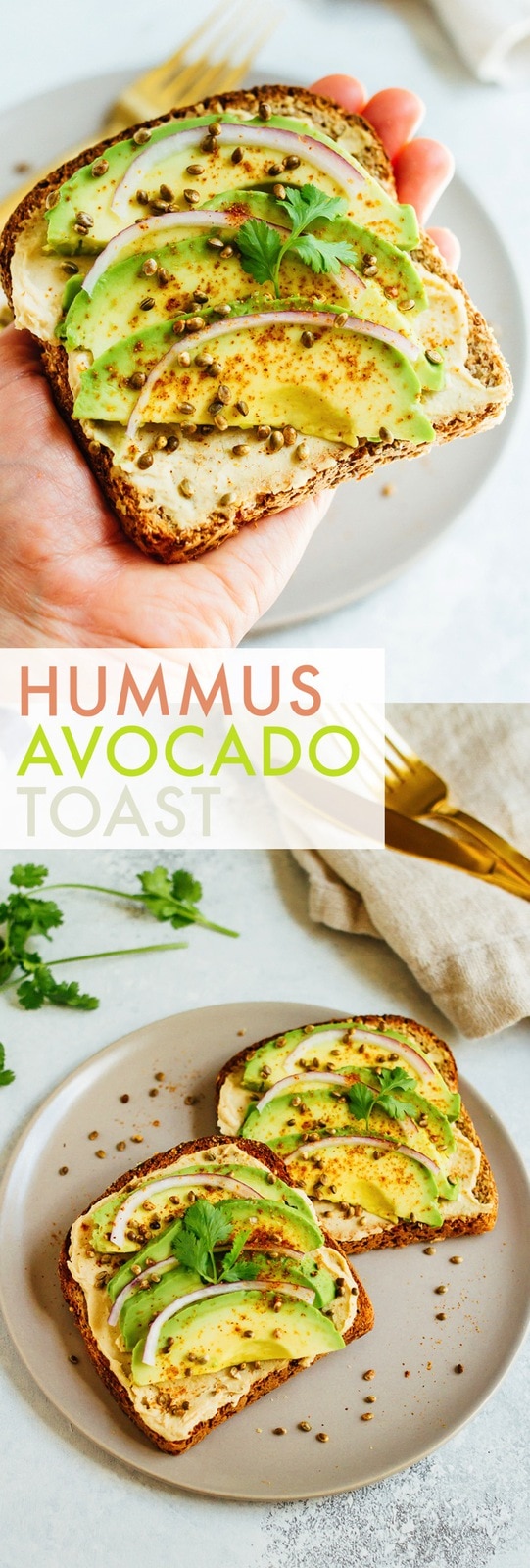 Hummus avocado toast makes for a quick and easy breakfast or snack idea. Load up each slice with red onion, cilantro and toasted hemp seeds for extra flavor and crunch. 