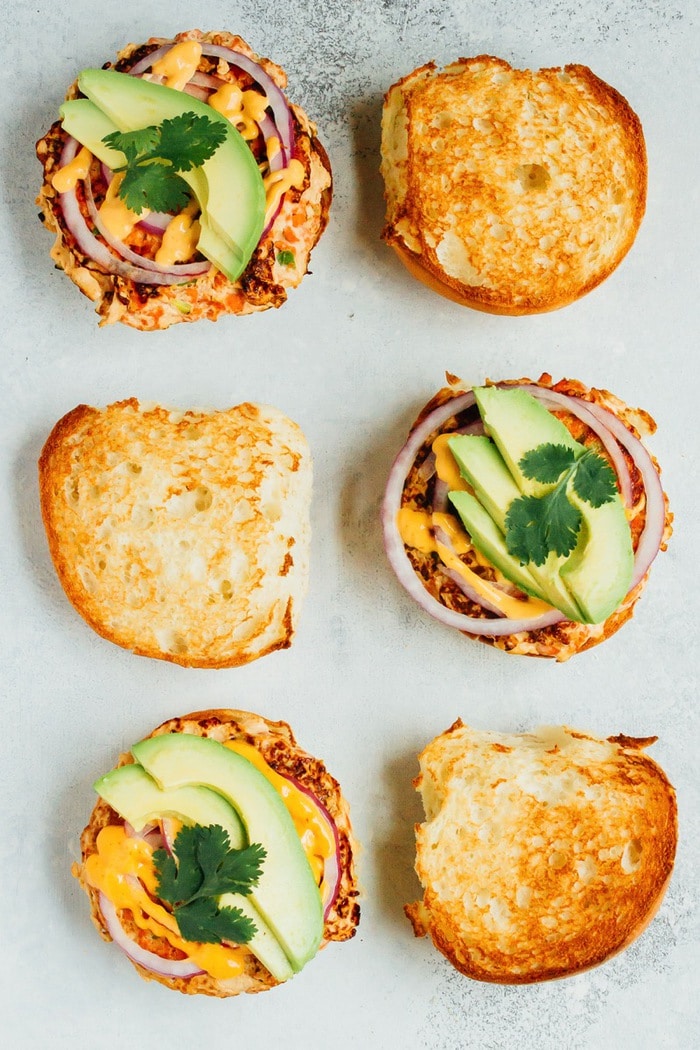 Teriyaki Salmon Burgers with Sriracha Mayo, Avocado and Red Onion