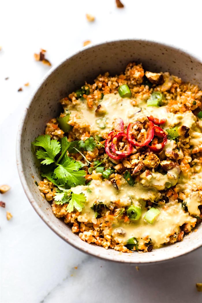 Thai cauliflower rice salad with avocado cream dressing.