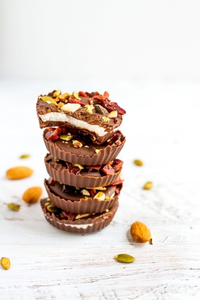 Easy 4-ingredient trail mix coconut butter cups that are vegan, gluten-free and paleo-friendly.