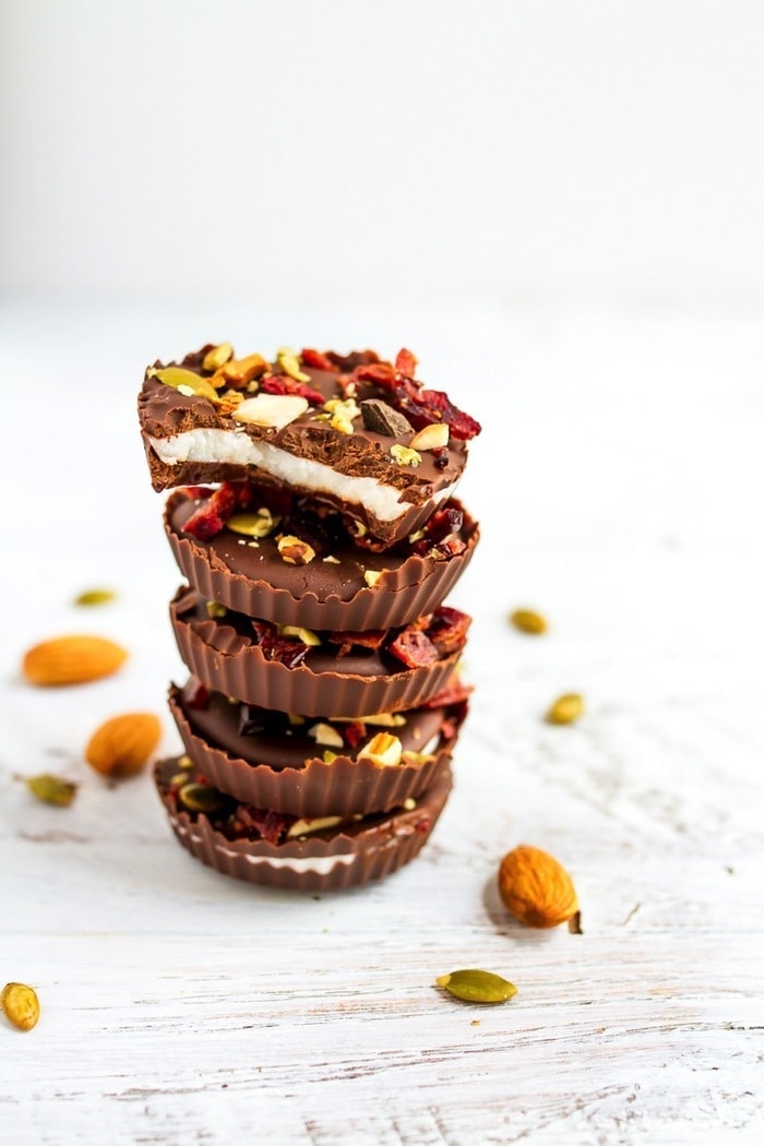 Easy 4-ingredient trail mix coconut butter cups that are vegan, gluten-free and paleo-friendly.